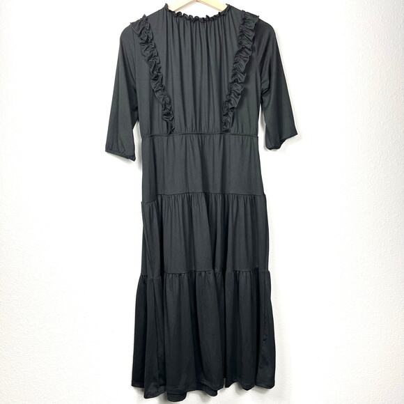 Velvet Torch Black Midi Dress Size Large Tiered Ruffles Whimsigoth Prairie NWOT - Picture 1 of 9